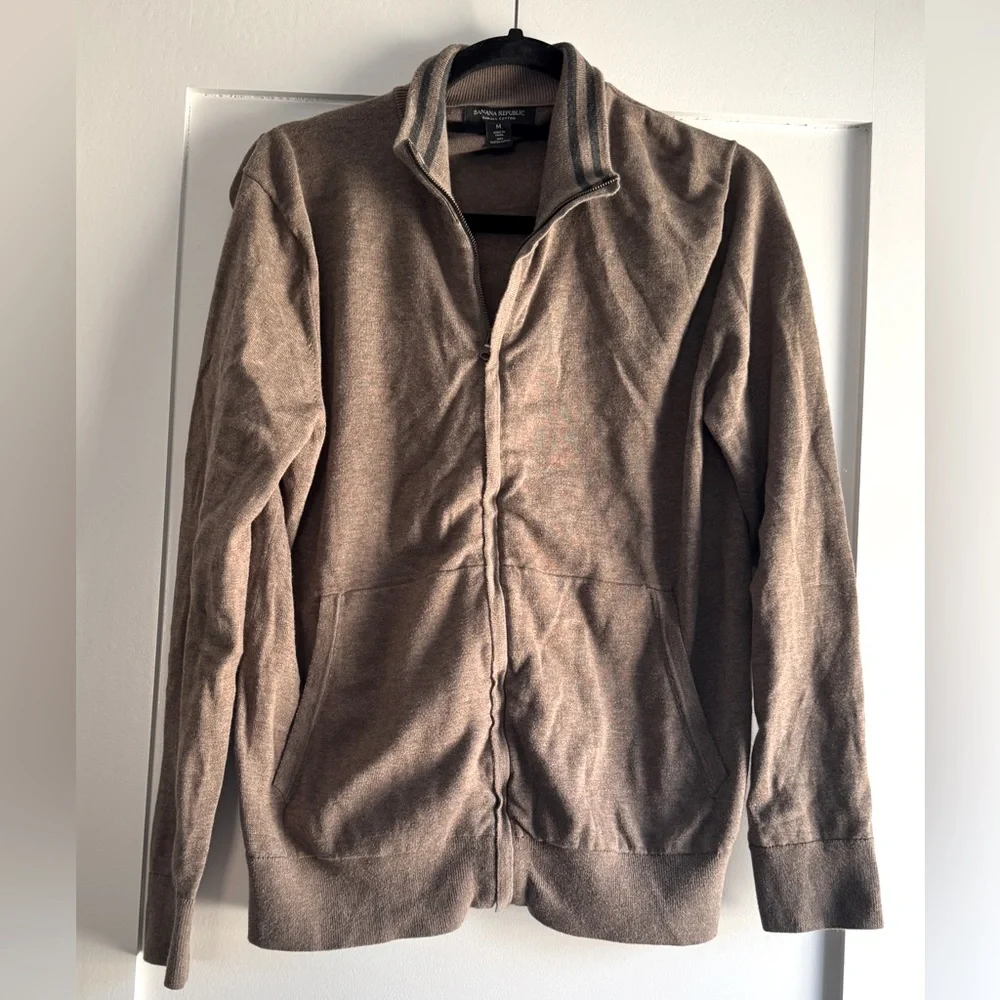 Banana Republic Brown Grandpa Sweater Full Zip Striped Collar Pima Cotton Size M